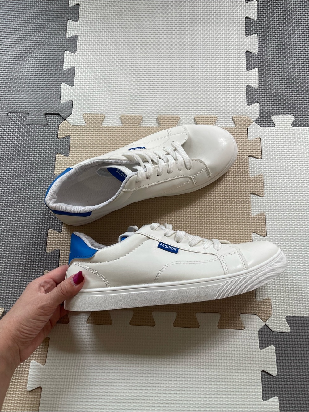 New White Sneakers with Blue Accent, size men’s 10